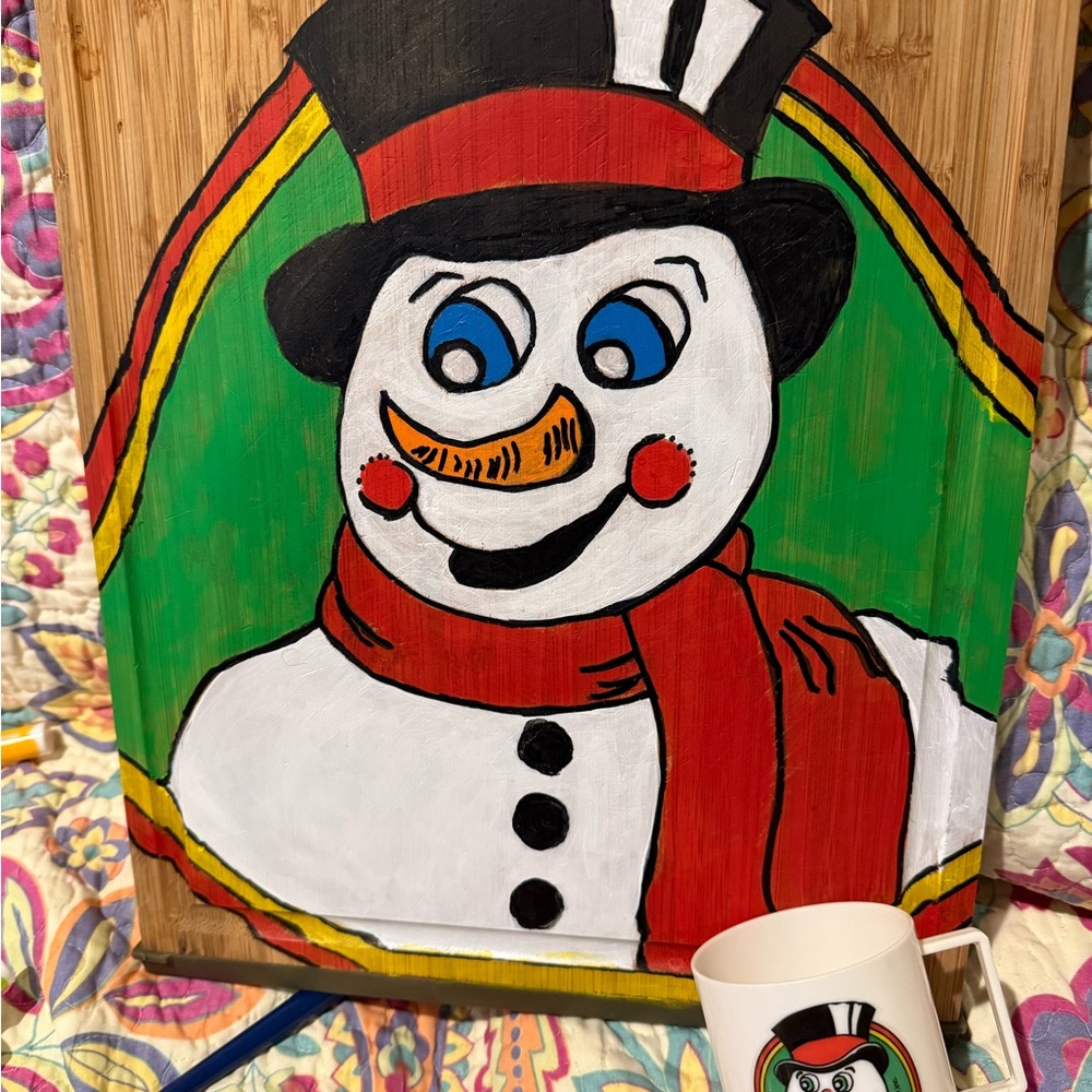 Festive Snowman Wall Art with Mug Set Vintage Inspired Painting on Cutting Board